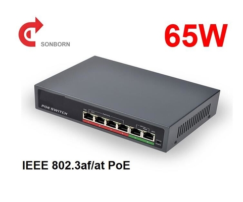 DC52V 30W per port 65W 6 Port Unmanaged PoE Switch (4 Port POE Switch with 2 Uplink Port and Extend 250m